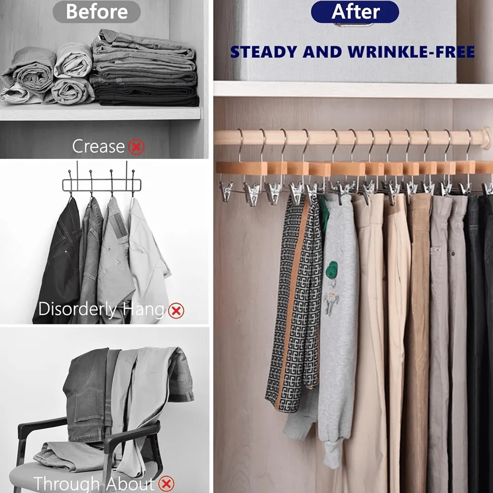 30 Pack Wooden Pant Hanger with Adjustable Cushion Clips for Skirt/Pants