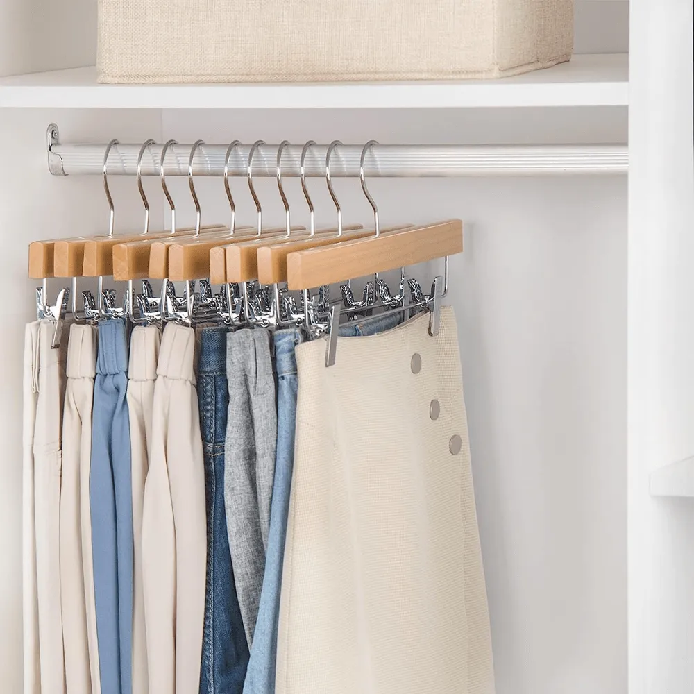30 Pack Wooden Pant Hanger with Adjustable Cushion Clips for Skirt/Pants
