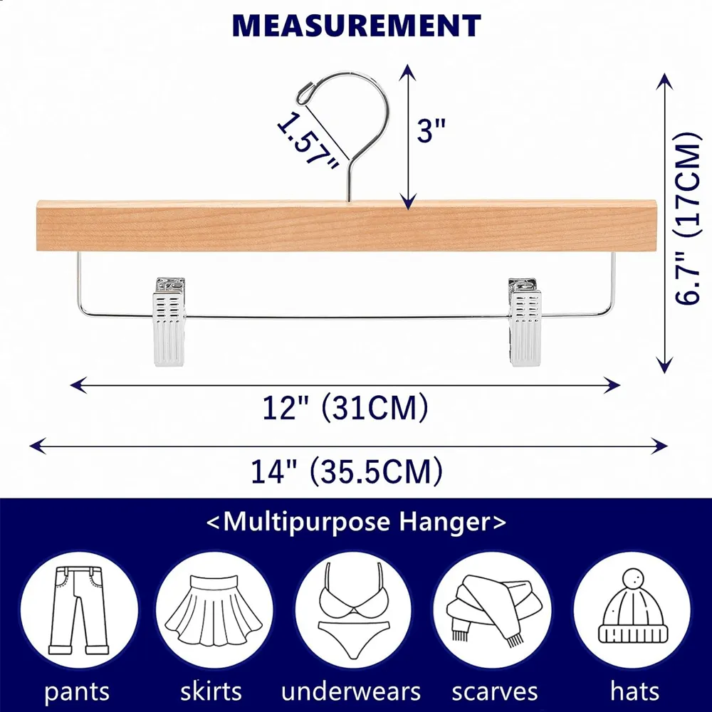 30 Pack Wooden Pant Hanger with Adjustable Cushion Clips for Skirt/Pants