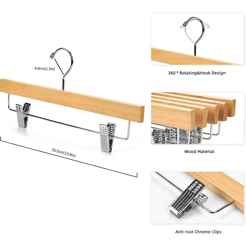 30 Pack Wooden Pant Hanger with Adjustable Cushion Clips for Skirt/Pants