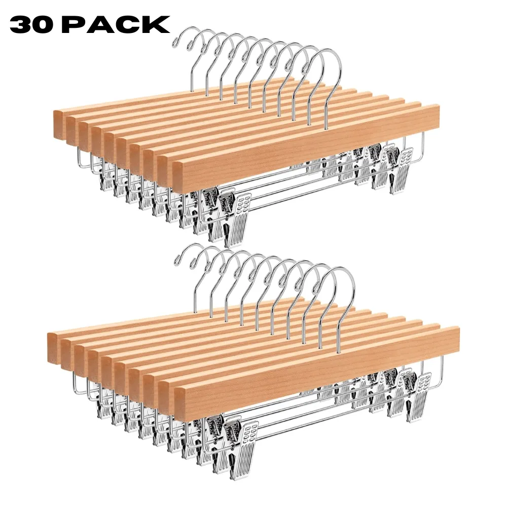 30 Pack Wooden Pant Hanger with Adjustable Cushion Clips for Skirt/Pants