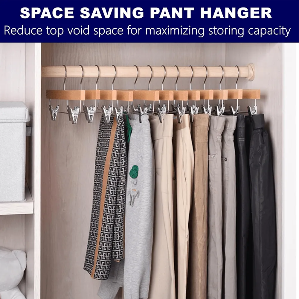 30 Pack Wooden Pant Hanger with Adjustable Cushion Clips for Skirt/Pants