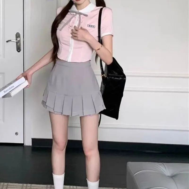 ADVBRIDGE  -  Kawaii All-match 2-piece Set 2025 New Girl Pink Dollcollar Slim Blouse Pleated Short Mini Skirts Suit 2025 Summer 2 Piece Sets