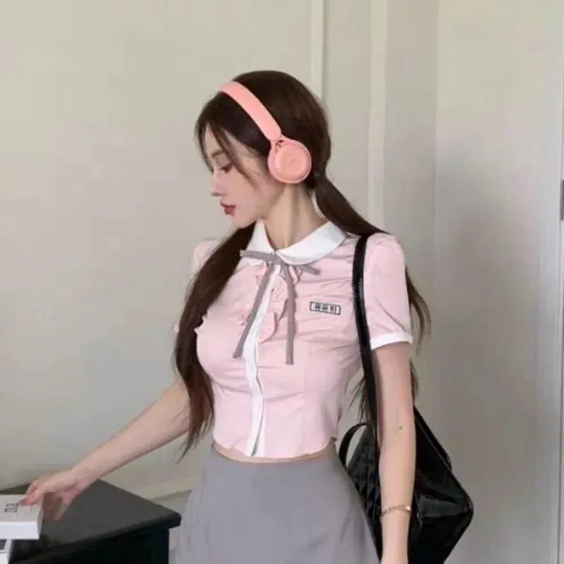 ADVBRIDGE  -  Kawaii All-match 2-piece Set 2025 New Girl Pink Dollcollar Slim Blouse Pleated Short Mini Skirts Suit 2025 Summer 2 Piece Sets