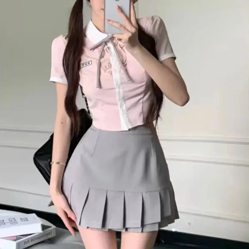 ADVBRIDGE  -  Kawaii All-match 2-piece Set 2025 New Girl Pink Dollcollar Slim Blouse Pleated Short Mini Skirts Suit 2025 Summer 2 Piece Sets