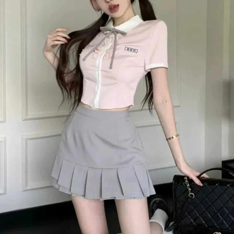 ADVBRIDGE  -  Kawaii All-match 2-piece Set 2025 New Girl Pink Dollcollar Slim Blouse Pleated Short Mini Skirts Suit 2025 Summer 2 Piece Sets