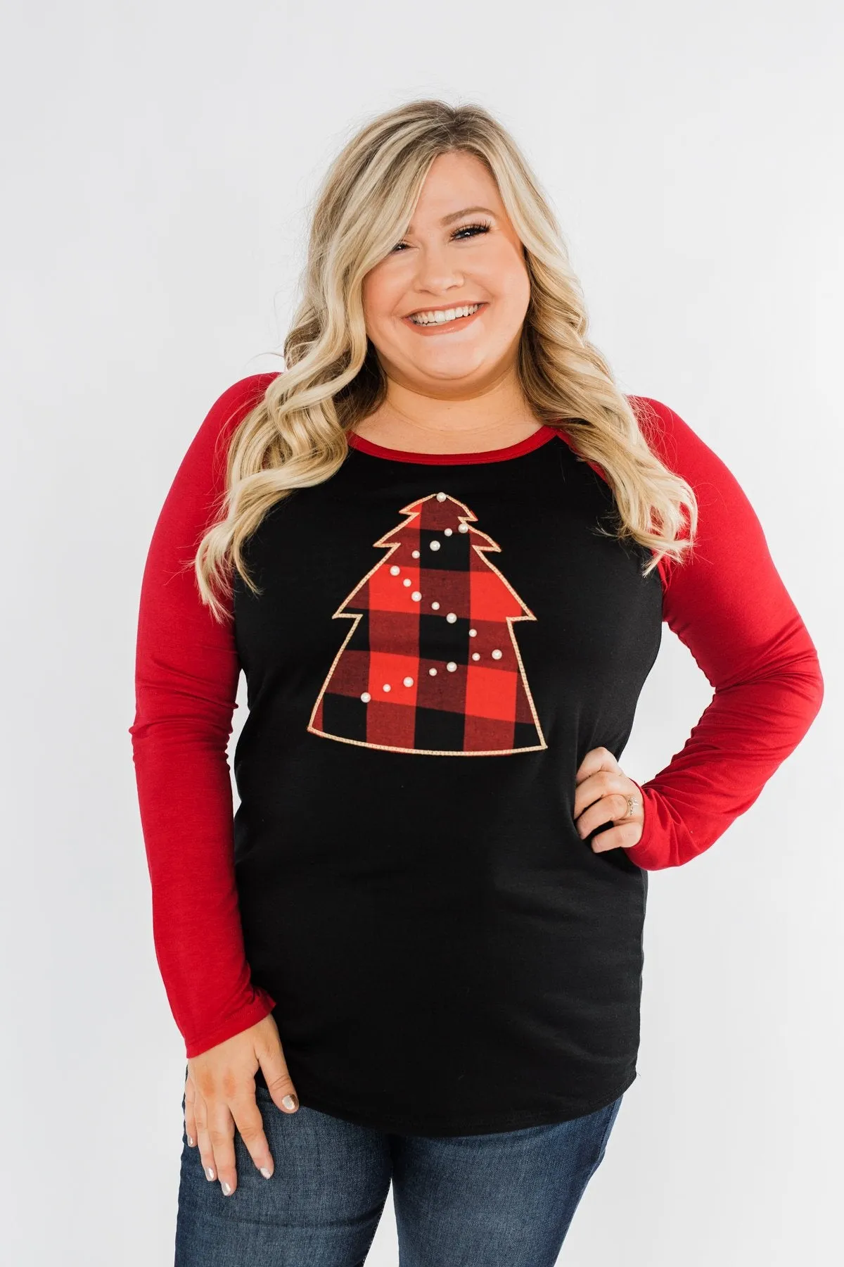 Around The Christmas Tree Graphic Top- Black & Holiday Red