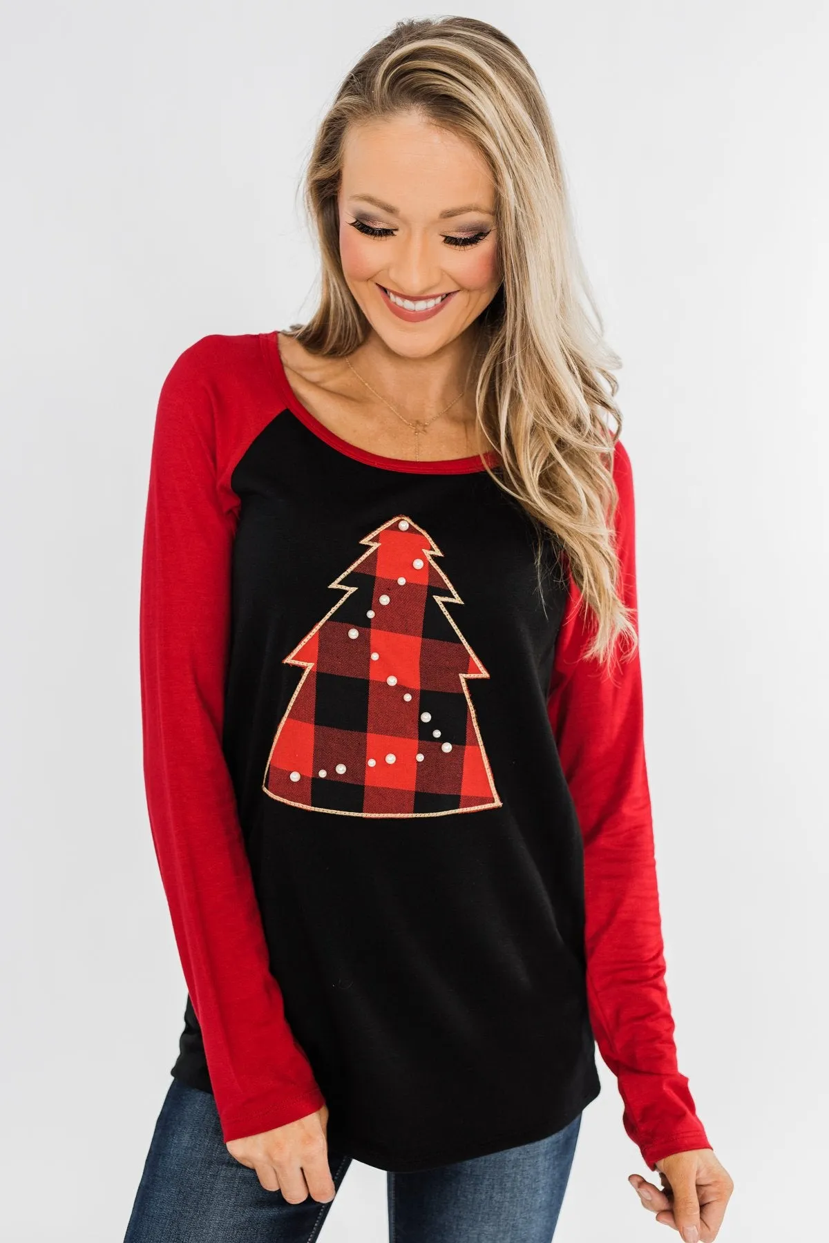 Around The Christmas Tree Graphic Top- Black & Holiday Red