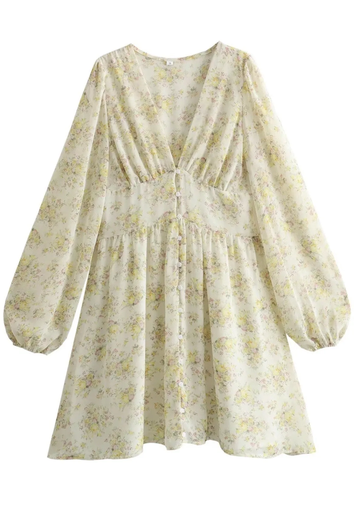 ASHLEY Buttoned Long-Sleeve Floral Mini Dress