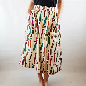 Asos pre-owned white silk feel high waisted skirt with unique striped print size 6