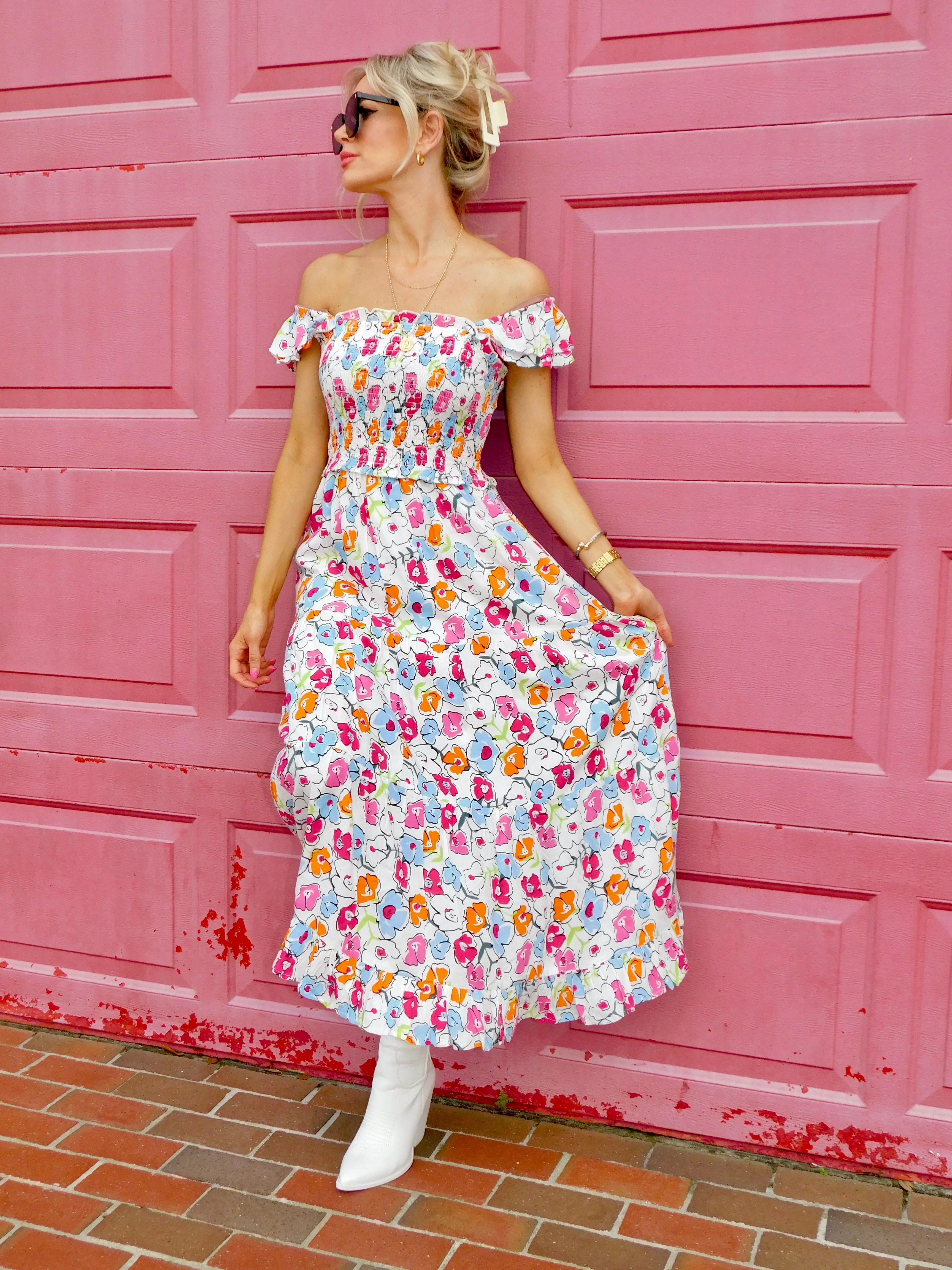 Astrid Smocked Floral Print Tiered Midi Dress