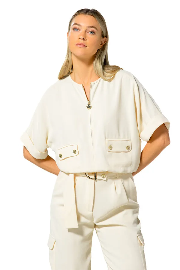 BEIGE ELASTICATED HEM LOOSE TOP