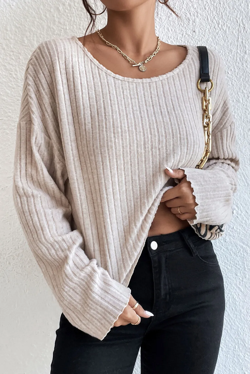 Beige Lettuce Cuffs Round Neck Loose Ribbed Top