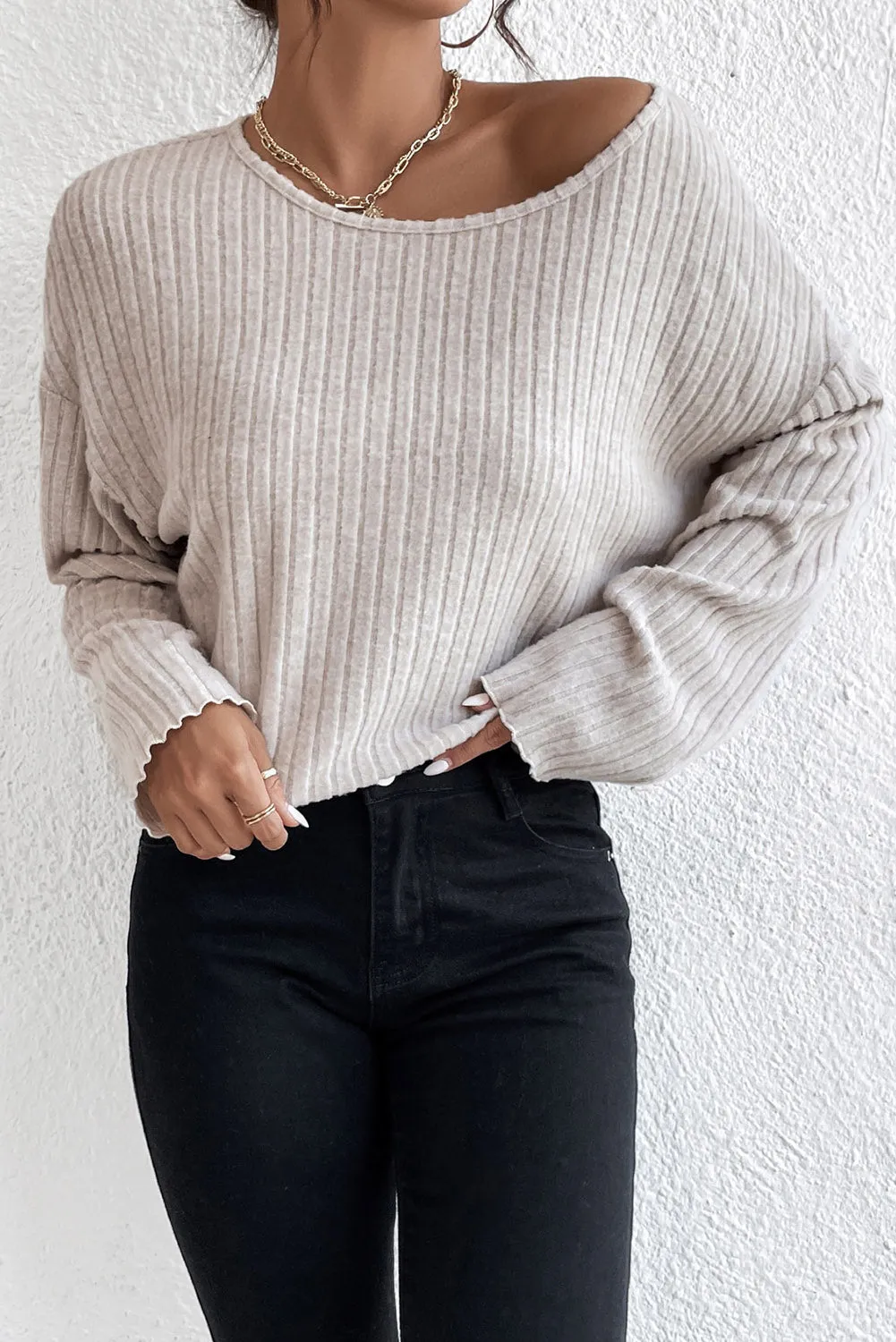 Beige Lettuce Cuffs Round Neck Loose Ribbed Top