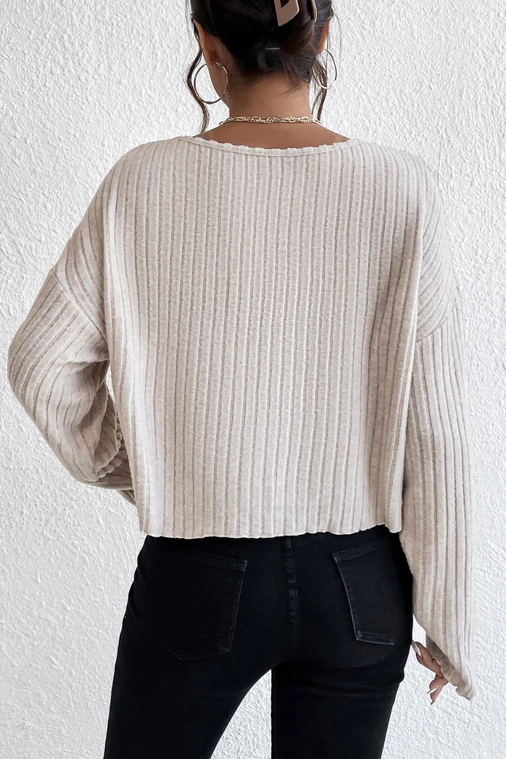 Beige Lettuce Cuffs Round Neck Loose Ribbed Top