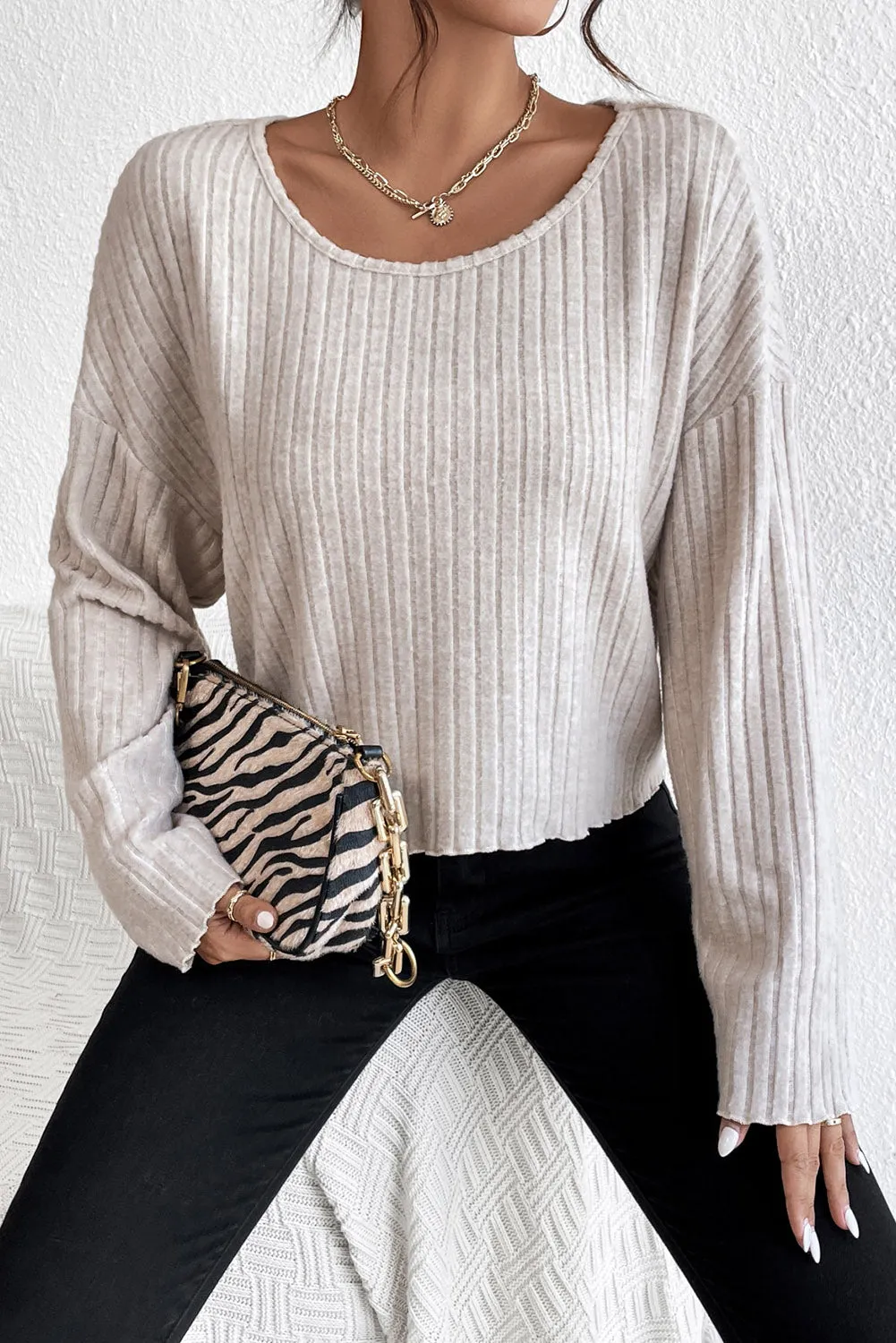 Beige Lettuce Cuffs Round Neck Loose Ribbed Top