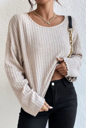 Beige Lettuce Cuffs Round Neck Loose Ribbed Top