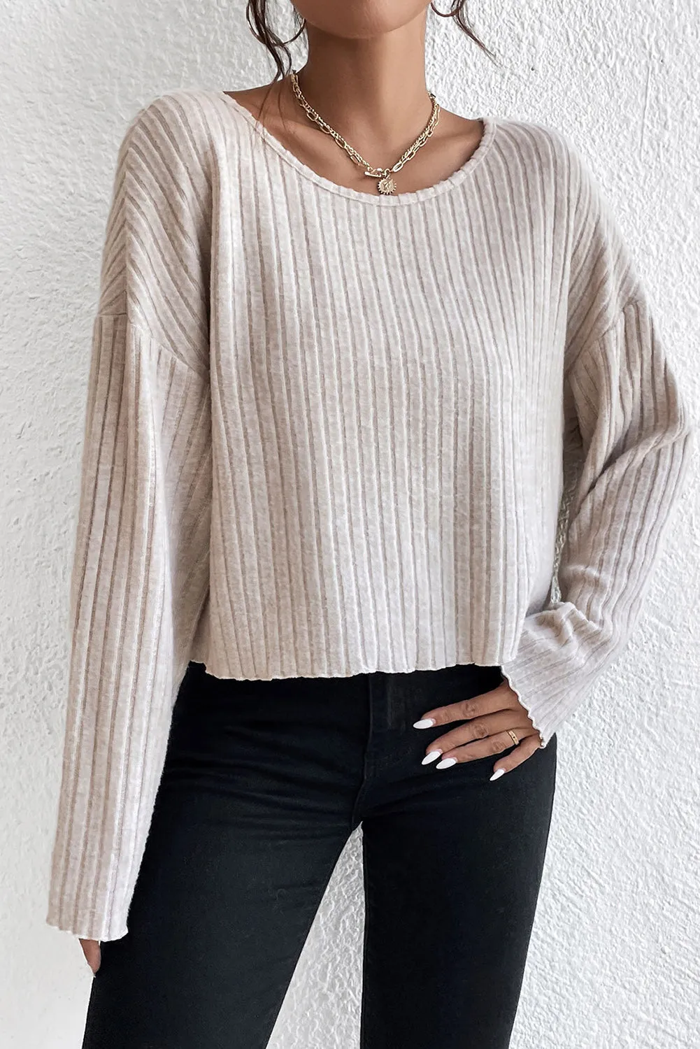 Beige Lettuce Cuffs Round Neck Loose Ribbed Top