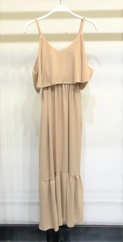 Beige Open Shoulder Ruffle Layer Bottom Crepe Maxi Venti Dress 10/25/23 7281