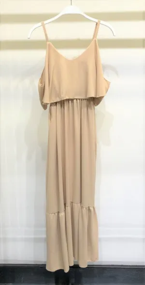 Beige Open Shoulder Ruffle Layer Bottom Crepe Maxi Venti Dress 10/25/23 7281