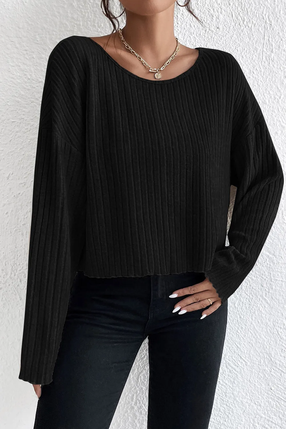 Black Lettuce Cuffs Round Neck Loose Ribbed Top