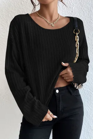 Black Lettuce Cuffs Round Neck Loose Ribbed Top