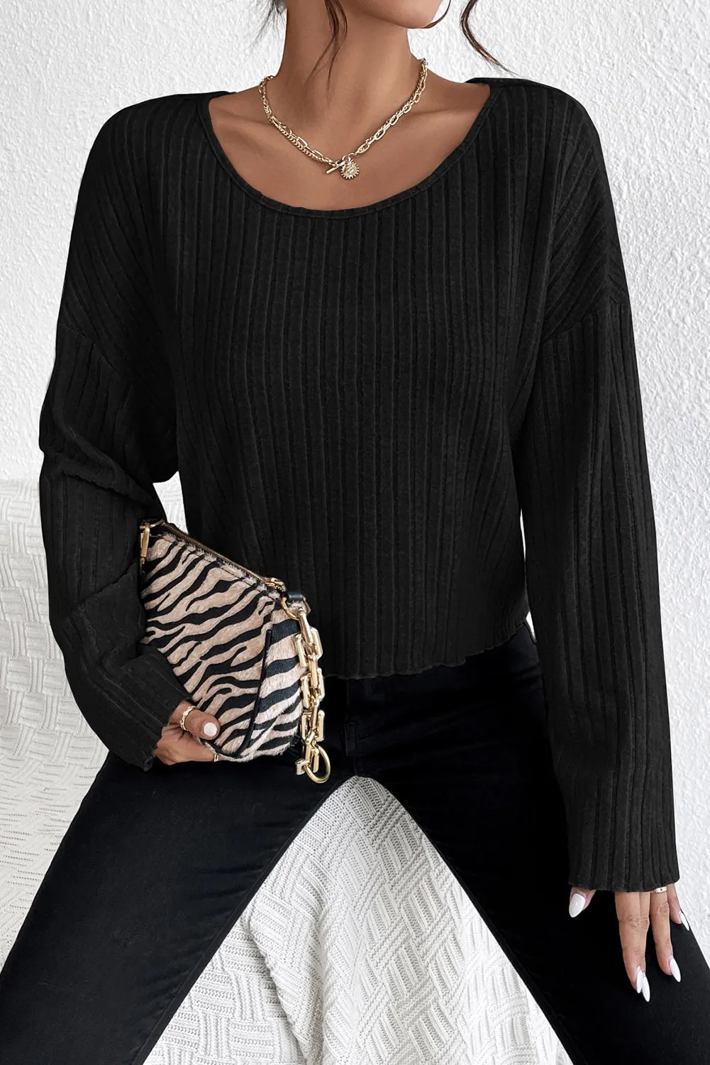 Black Lettuce Cuffs Round Neck Loose Ribbed Top