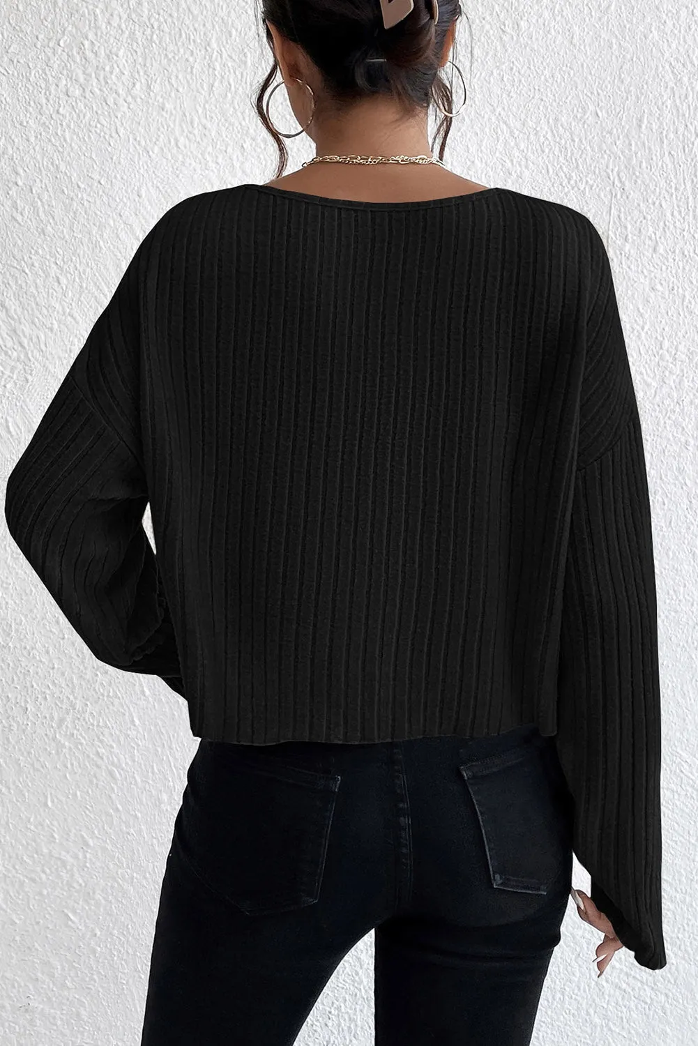 Black Lettuce Cuffs Round Neck Loose Ribbed Top