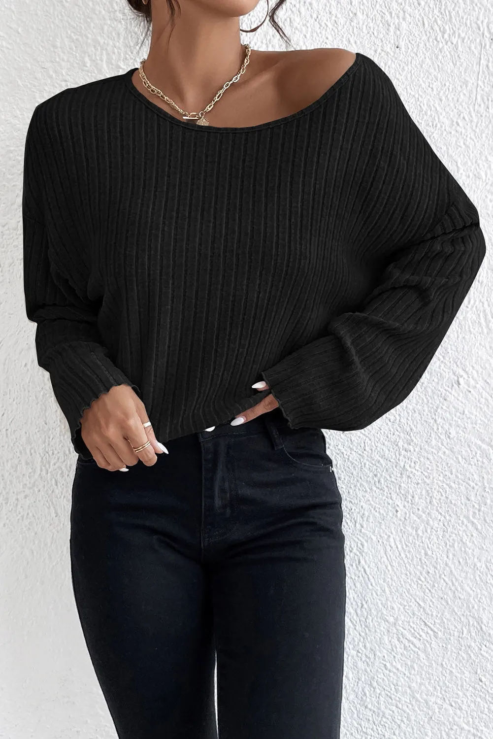 Black Lettuce Cuffs Round Neck Loose Ribbed Top
