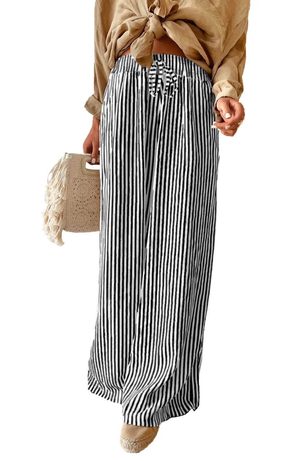 Black Stripe Print Wide Leg Drawstring Pants