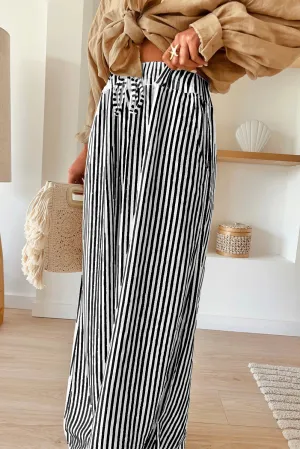 Black Stripe Print Wide Leg Drawstring Pants