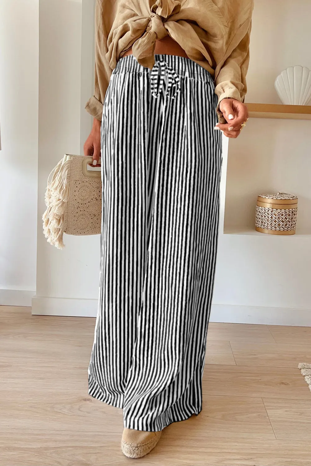 Black Stripe Print Wide Leg Drawstring Pants
