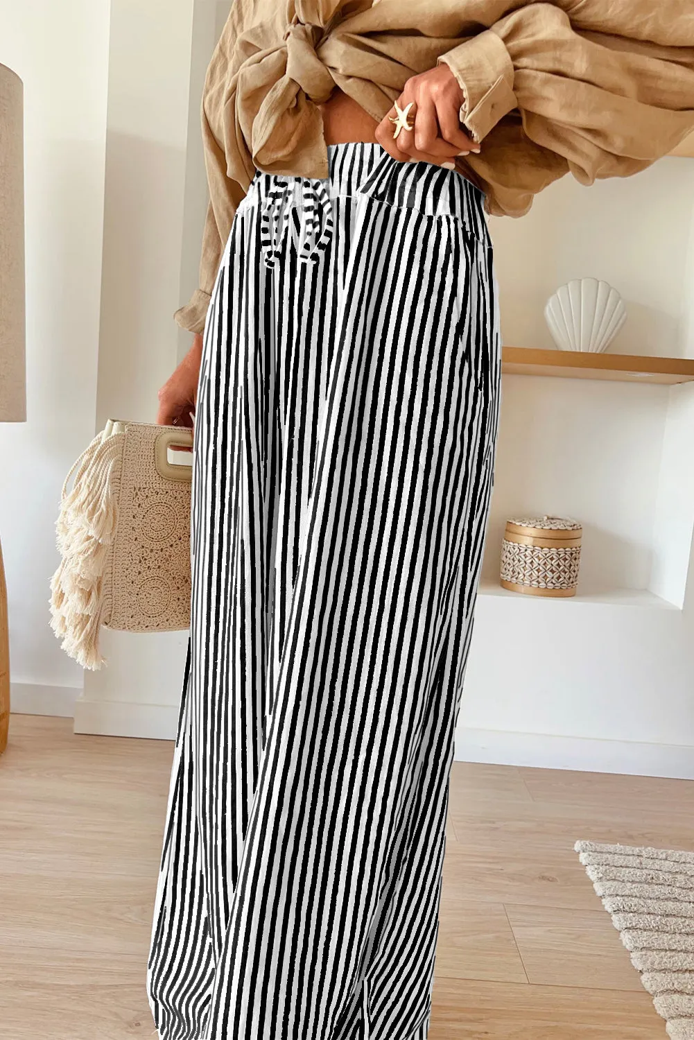 Black Stripe Print Wide Leg Drawstring Pants