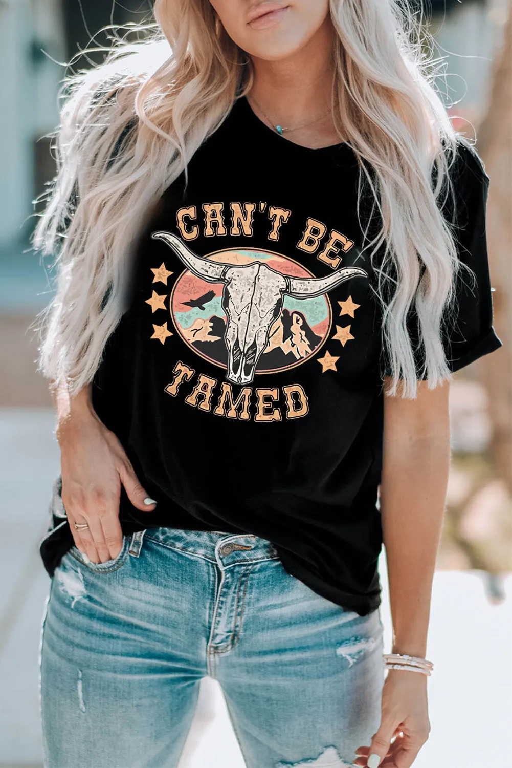 Black Western CAN'T BE TAMED Longhorn Graphic T Shirt