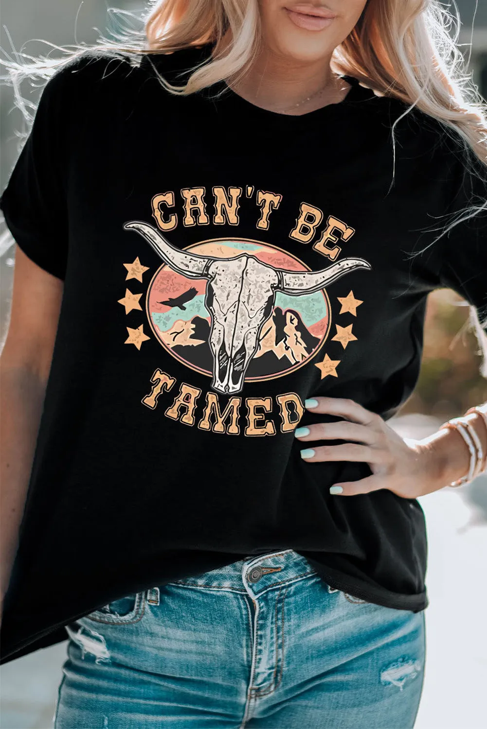 Black Western CAN'T BE TAMED Longhorn Graphic T Shirt