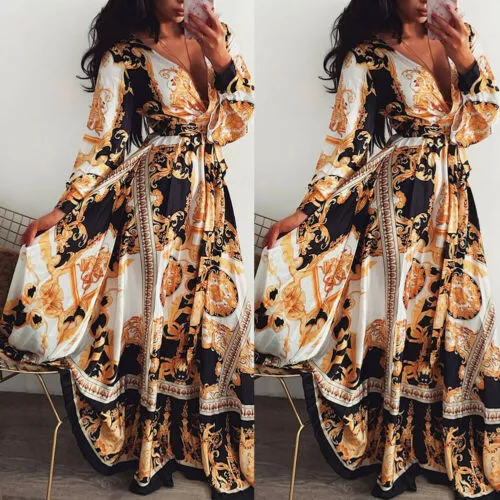 Boho Wrap Long Maxi Loose Floral Print V-neck Long Sleeve Elegant Cocktail Party Dress