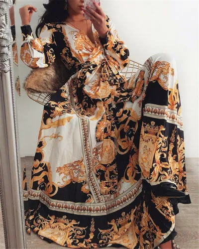 Boho Wrap Long Maxi Loose Floral Print V-neck Long Sleeve Elegant Cocktail Party Dress