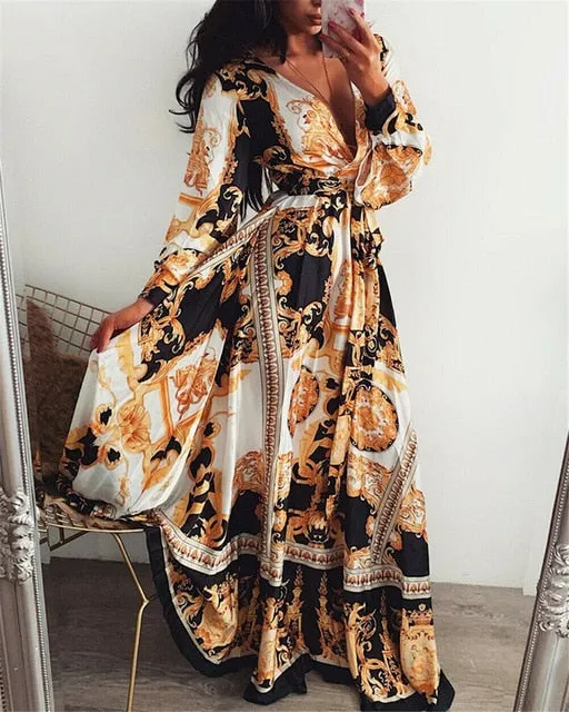 Boho Wrap Long Maxi Loose Floral Print V-neck Long Sleeve Elegant Cocktail Party Dress