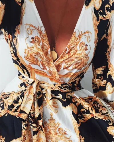 Boho Wrap Long Maxi Loose Floral Print V-neck Long Sleeve Elegant Cocktail Party Dress
