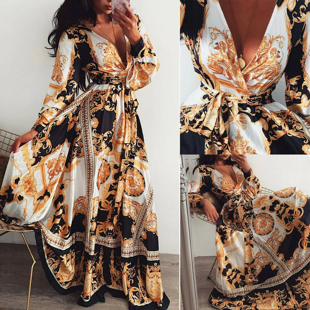 Boho Wrap Long Maxi Loose Floral Print V-neck Long Sleeve Elegant Cocktail Party Dress