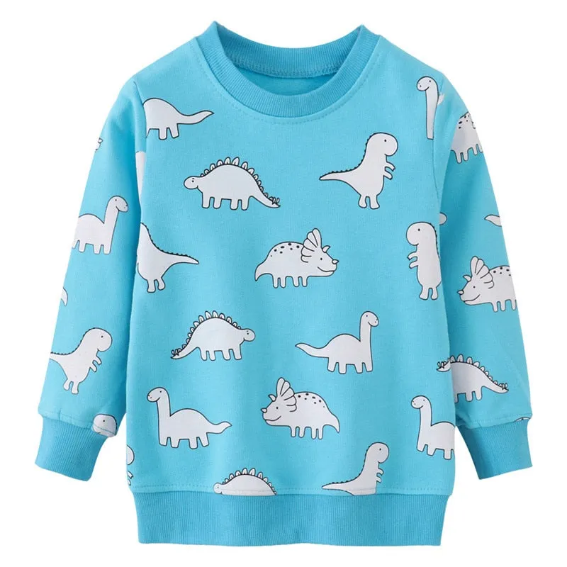 Boys Dinosaurs Print Cotton Sweatshirts - Light Blue