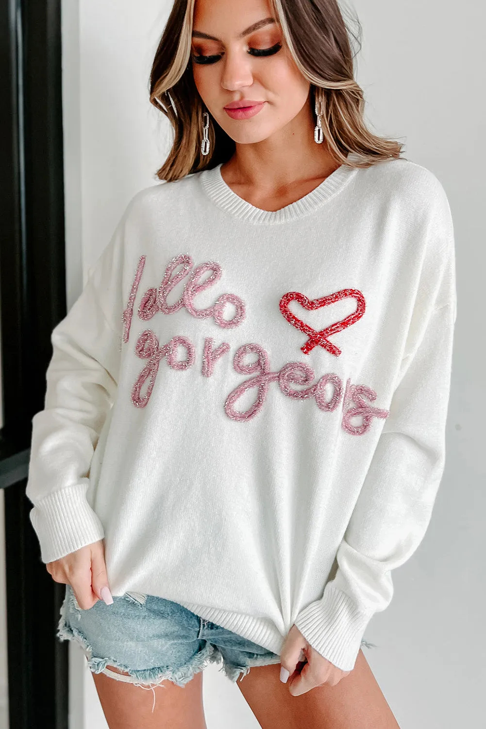 Bright White Hello gorgeous Graphic Ribbed Trim Sweater