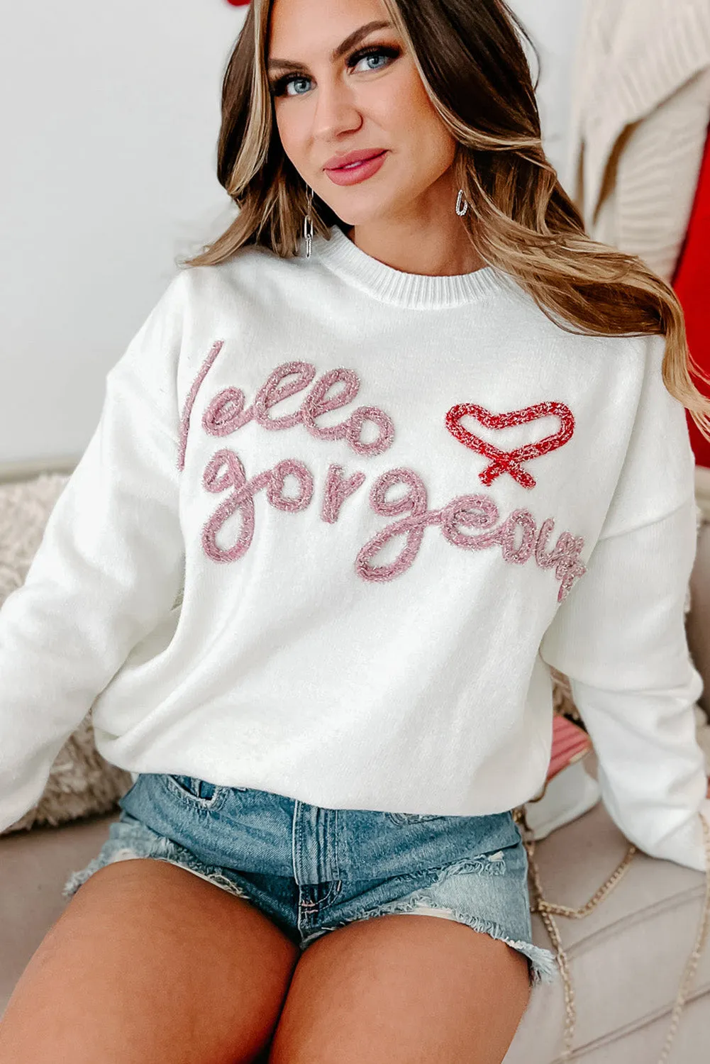 Bright White Hello gorgeous Graphic Ribbed Trim Sweater