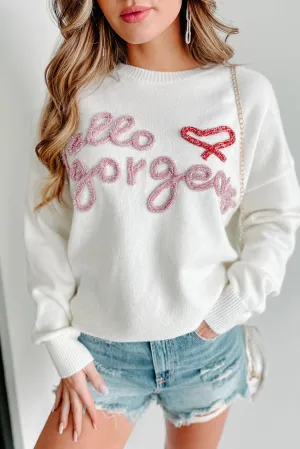 Bright White Hello gorgeous Graphic Ribbed Trim Sweater