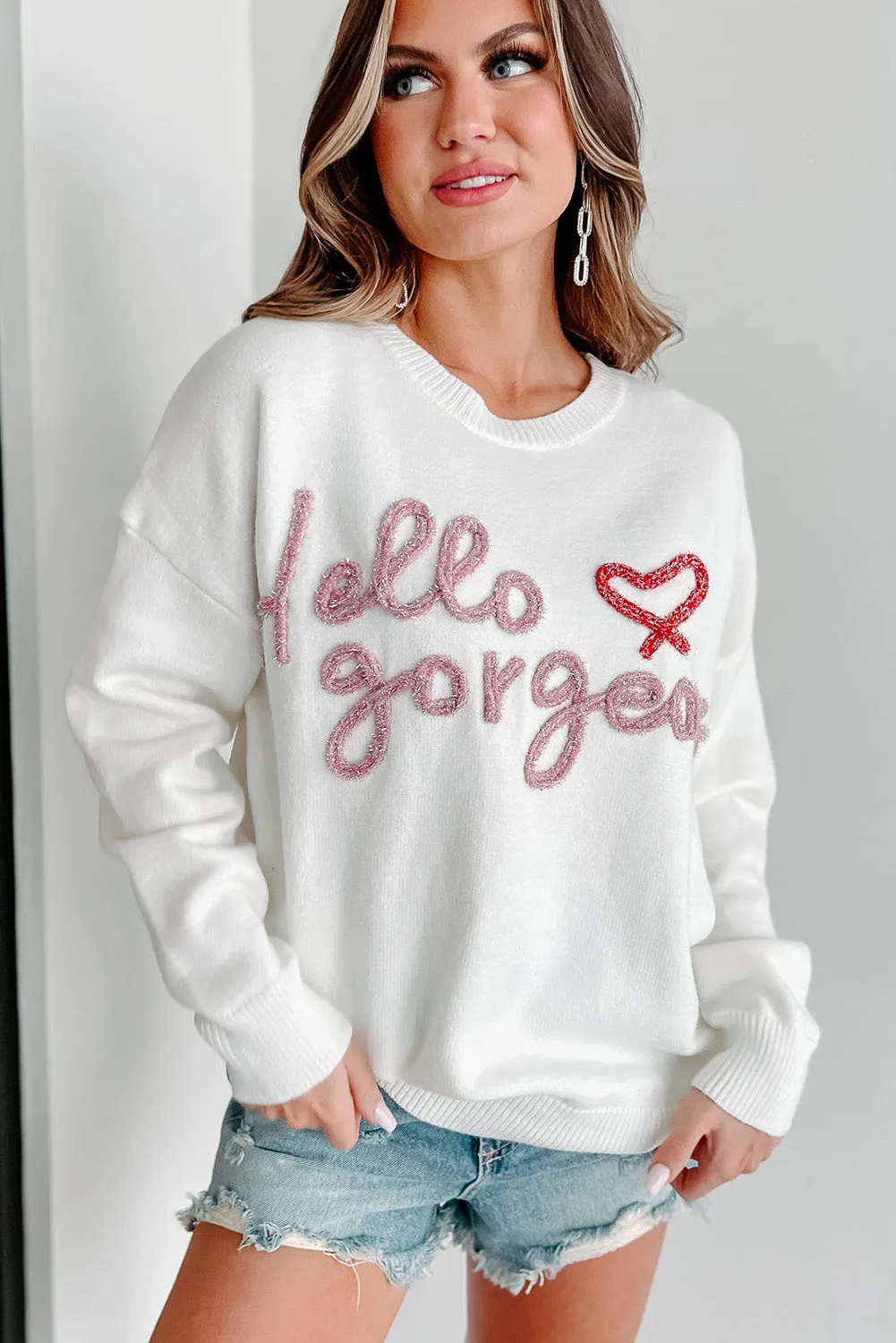 Bright White Hello gorgeous Graphic Ribbed Trim Sweater