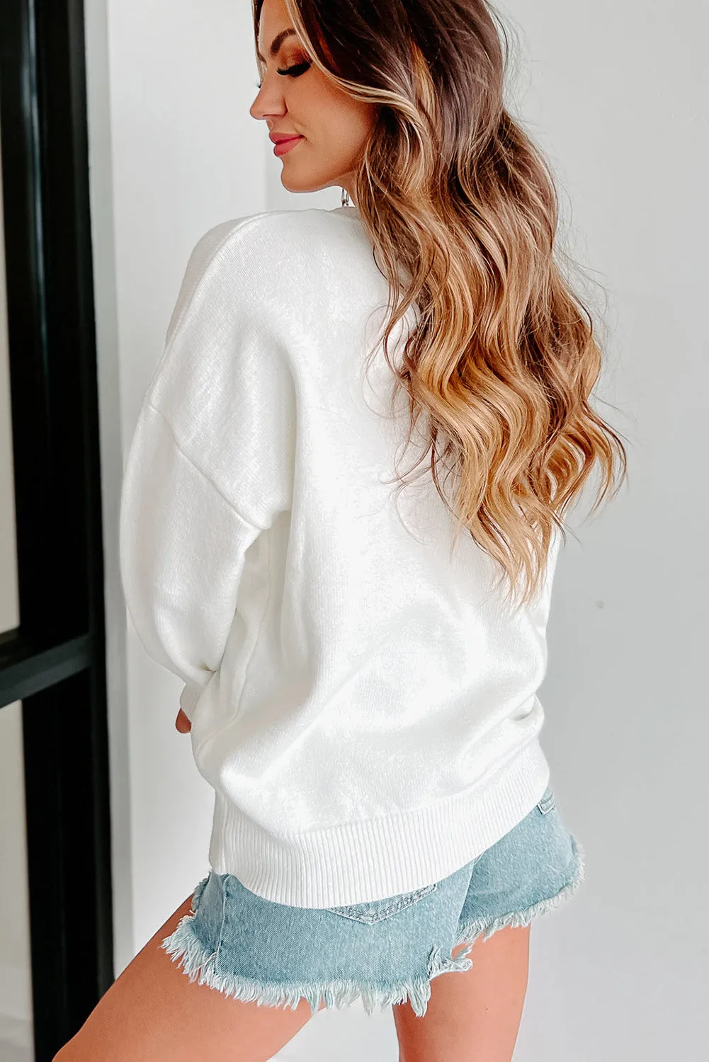 Bright White Hello gorgeous Graphic Ribbed Trim Sweater