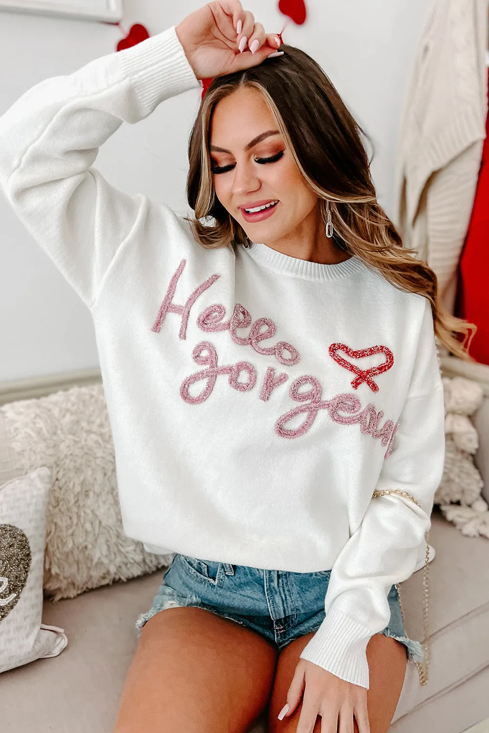 Bright White Hello gorgeous Graphic Ribbed Trim Sweater