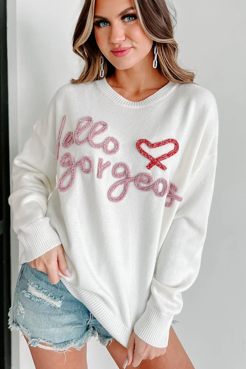 Bright White Hello gorgeous Graphic Ribbed Trim Sweater