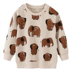 Children's Cartoon Elephant Print Long Sleeve Cotton Sweatshirts - Beige