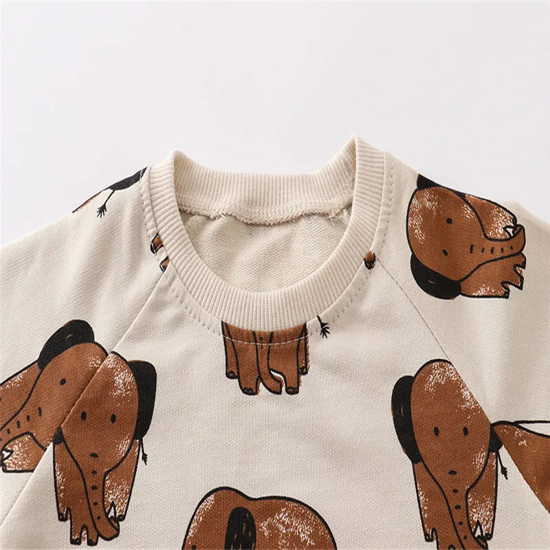 Children's Cartoon Elephant Print Long Sleeve Cotton Sweatshirts - Beige